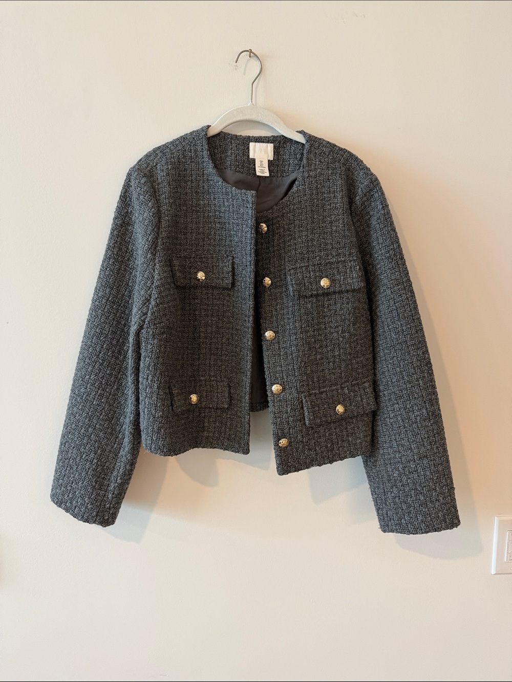 H&M Gray Tweed Button-Up Cropped Blazer